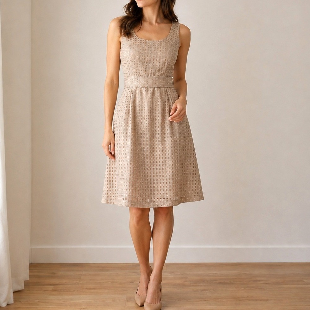 Anne Klein NWT Fit Flare Dress‎ Taupe Bow Back Textured 4 Cocktail Wedding Guest